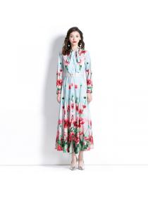 Summer fashion Silk Long sleeve Floral Dress 