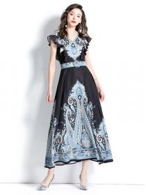 Summer V-neck linen Fashion print Maxi dress