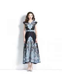 Summer V-neck linen Fashion print Maxi dress