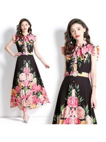 Vintage style Short sleeve Floral Maxi dress(with belt)