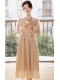 Hollow out Embroidered Short Sleeve   Deep V Bubble sleeve sweet  Dress