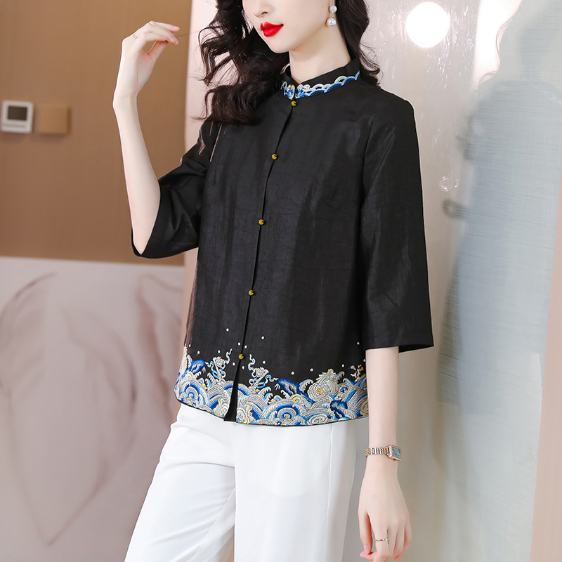 Embroidered retro shirt summer silk tops for women