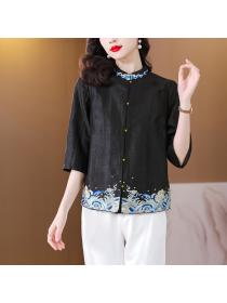 Embroidered retro shirt summer silk tops for women