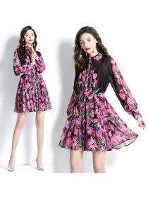European style Elegant Stand collar Floral Long-sleeved dress(with belt)