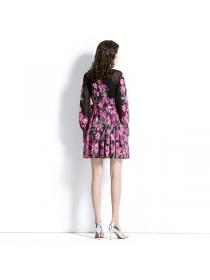 European style Elegant Stand collar Floral Long-sleeved dress(with belt)