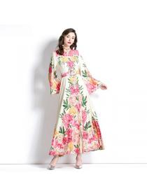 European style flared sleeve printed Lace dress(with belt)