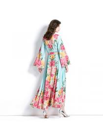 European style flared sleeve printed Lace Floral dress(with belt)