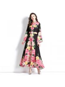 European style flared sleeve Fashion printed Lace Floral dress(with belt)