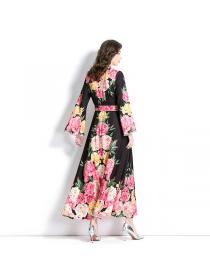 European style flared sleeve Fashion printed Lace Floral dress(with belt)