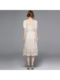 Vintage style embroidery long dress France style pinched waist dress
