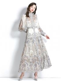 European style Lantern sleeve Fashion printed White dress(with belt)