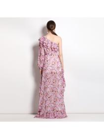 Fashion Single shoulder pinched waist temperament printed dress 