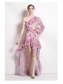 Fashion Single shoulder pinched waist temperament printed dress 