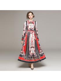 European Style Elegant long dress bow printed dress
