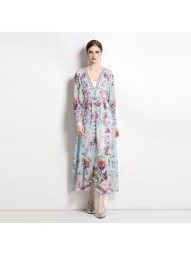 V-neck pinched waist spring long sleeve printed dress