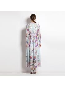 V-neck pinched waist spring long sleeve printed dress
