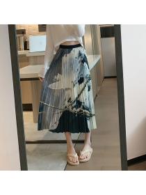 New style high-waisted and skinny-covered ink painting pleated Long skirt