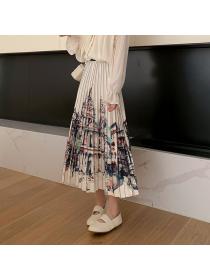 Summer fashion high-waisted skinny ink painting pleated skirt