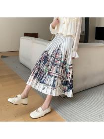 Summer fashion high-waisted skinny ink painting pleated skirt