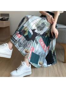 Summer fashion high-waisted ink painting pleated skirt for women