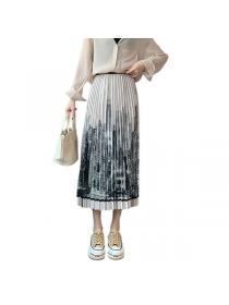 Vintage style high-waisted ink painting pleated skirt for women