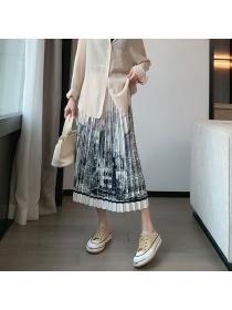 Vintage style high-waisted ink painting pleated skirt for women