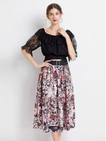 European style Lace Top+Fashion Printed Skirt