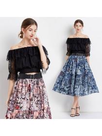 European style Lace Top+Fashion Printed Skirt 