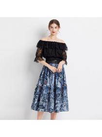 European style Lace Top+Fashion Printed Skirt 