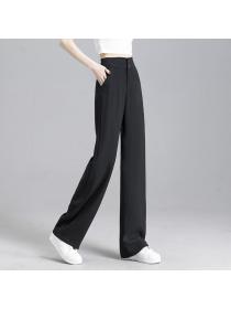 Fashion ice silk Solid color wide leg straight leg pants high waist Long pants