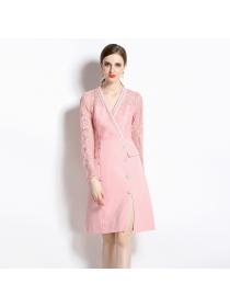 Fashion V-neck ladies split temperament pink dress