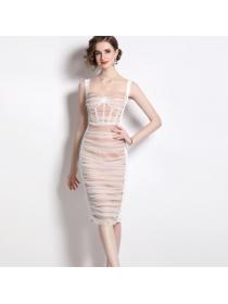 Fashion Velvet fold splice strap dress gauze slim dress