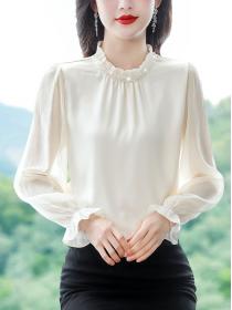 Spring and summer Temperament solid color stand collar Long-sleeved chiffon shirt