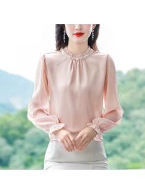 Spring and summer Temperament solid color stand collar Long-sleeved chiffon shirt