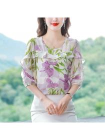 Summer Temperament Floral Round collar Long-sleeved chiffon shirt