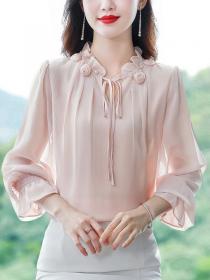 Korean style Matching Temperament Solid color Long-sleeved chiffon shirt