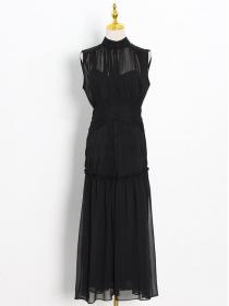 New style chiffon Stand-up collar solid color stitching Long large swing dress