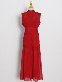 New style chiffon Stand-up collar solid color stitching Long large swing dress