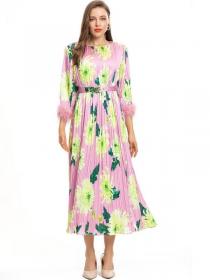 European style Floral Round collar Long sleeved Dress 