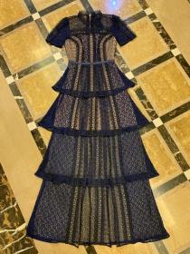 Lace dark blue A-line layer slim Maxi dress
