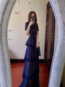 Lace dark blue A-line layer slim Maxi dress