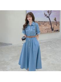 Summer temperament Pinched waist Korean style Denin dress for women(with belt)