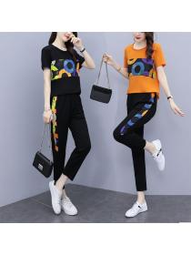 Summer Fashion Printed Plus size Sports Short-sleeved T-shirt two-piece set