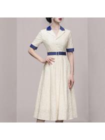 Summer suit collar Solid color belt short sleeve A-line embroidered temperament dress