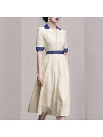 Summer suit collar Solid color belt short sleeve A-line embroidered temperament dress
