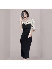 Summer Korean style Round collar Puff sleeve High waist A-line dress