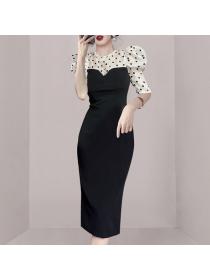 Summer Korean style Round collar Puff sleeve High waist A-line dress