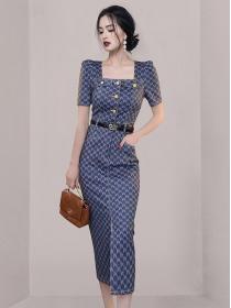 Summer Korean style Square collar Short sleeve High waist A-line dress