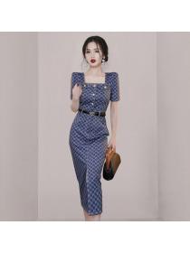 Summer Korean style Square collar Short sleeve High waist A-line dress