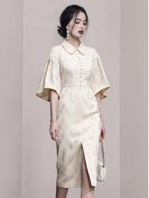 Korean style Pinched waist Elegant Short sleeve dress